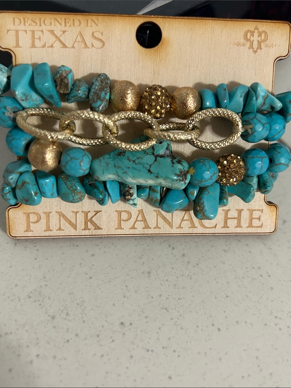 Pink Panache Turquoise Bead & Gold Link Stretch Bracelet Set